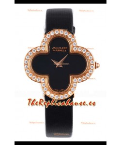 Van Cleef & Arpels Alhambra, Reloj de oro rosa con bisel de diamantes y correa negra